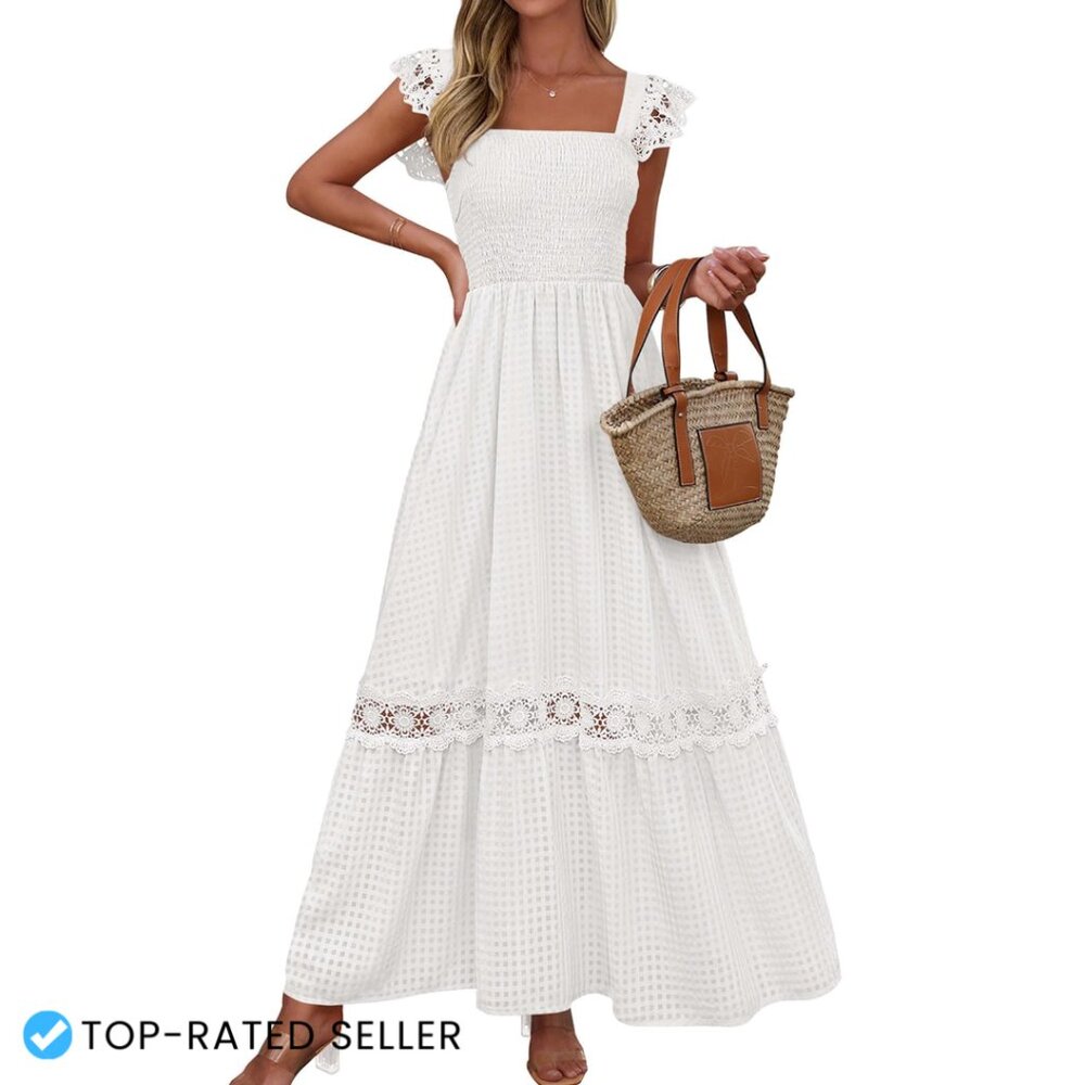 Smocked Maxi Dress Elegant Square Neck Lace Detail Flowy Sundress with Pockets